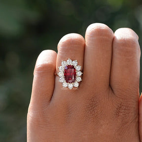 Profile View of Red Ruby Cushion Cut Halo Ring