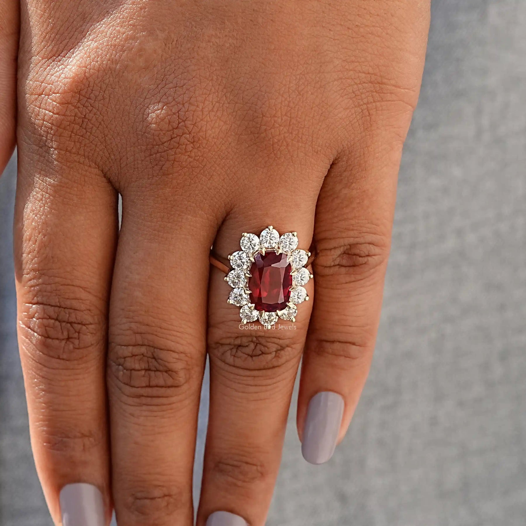Detailed View Of Ruby Elongated Cushion Cut Ring