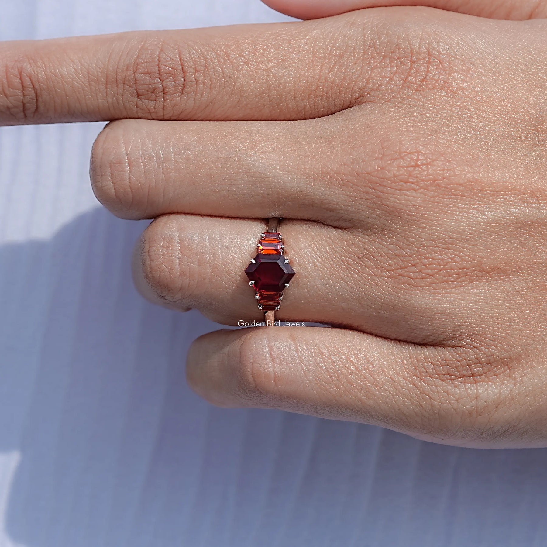 Red Ruby Hexagon Cut Gemstone 5 Stone Ring