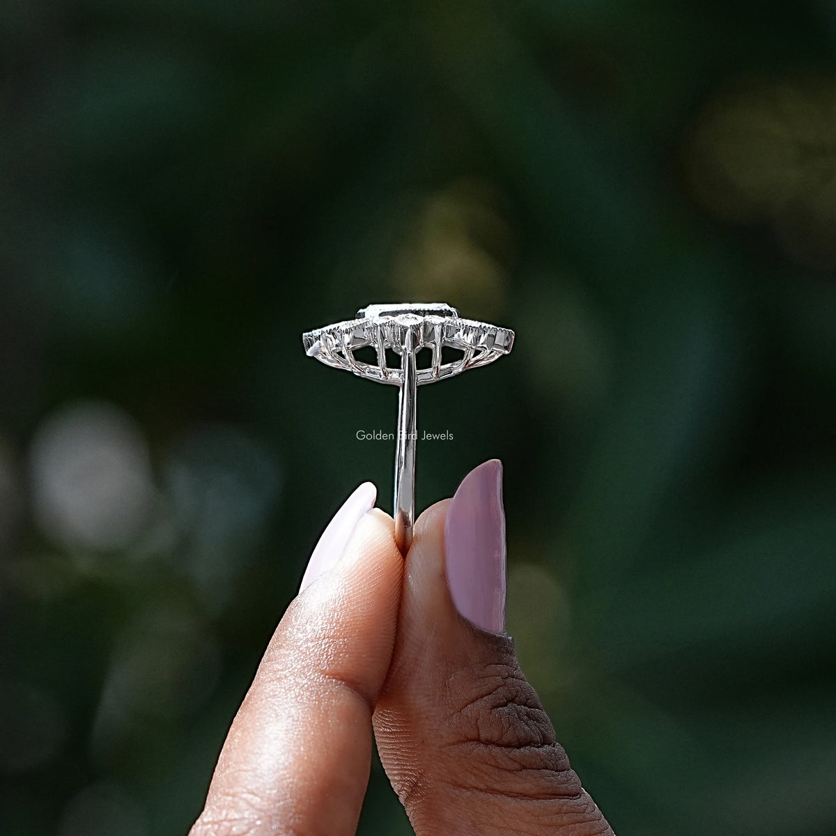 Side View of Rose Cut Cushion Cluster Ring In two fingers