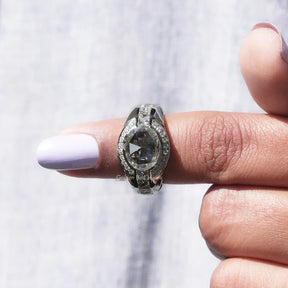 In finger front View of Moissanite Rose Cut Oval Ring