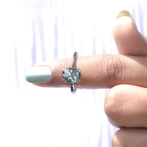 In finger front view of Rose Cut Oval Moissanite Ring In White Gold