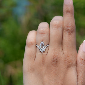 In finger front view of Rose Cut Moissanite engagement ring 
