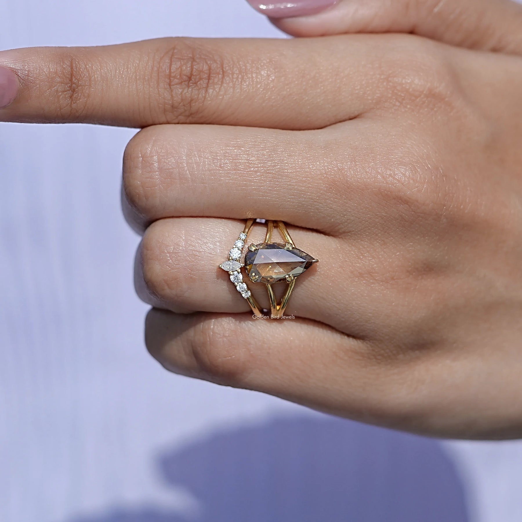 View of Pear Moissanite Vintage Curved Bridal Ring In Finger