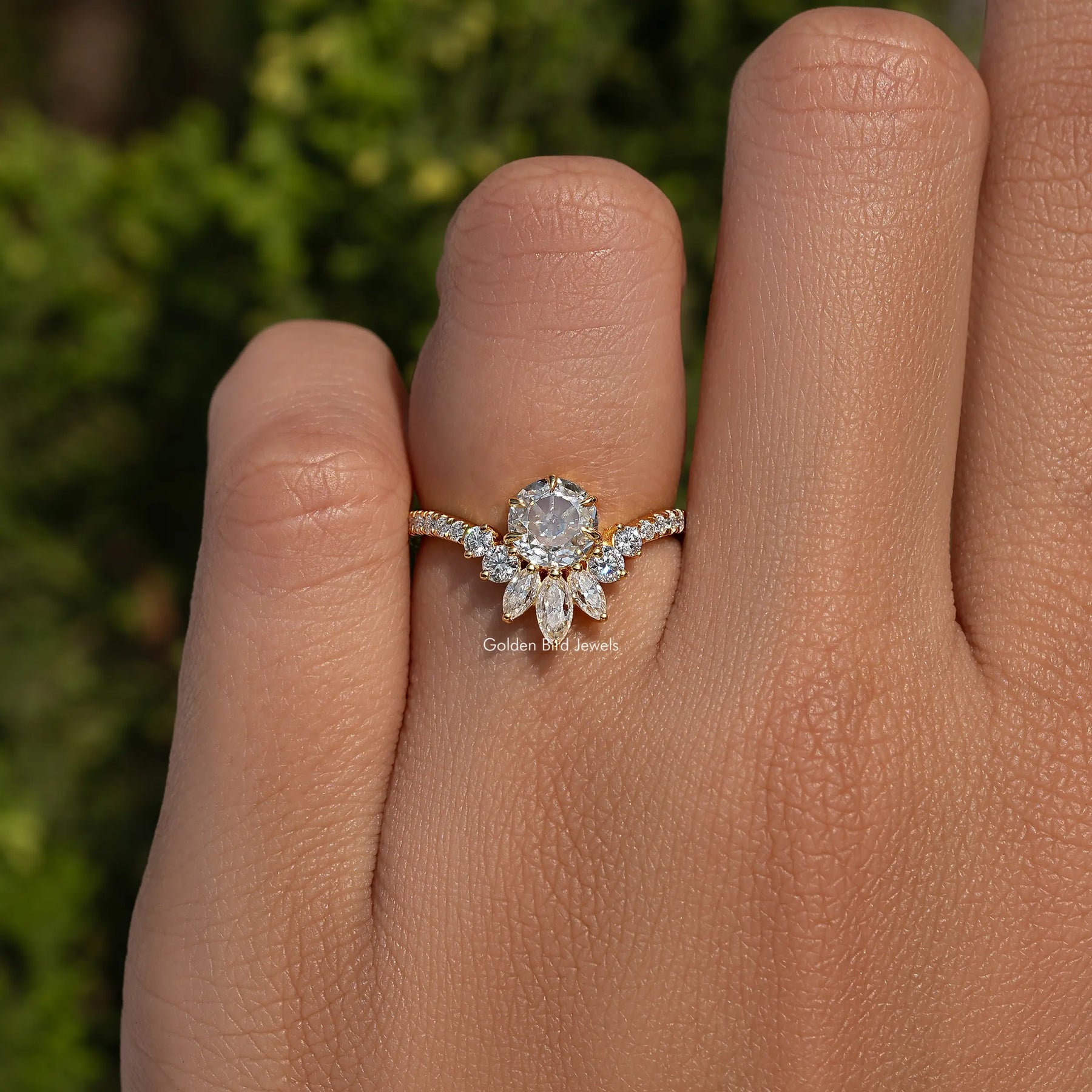 Rose Cut Round Moissanite Curved Engagement Ring
