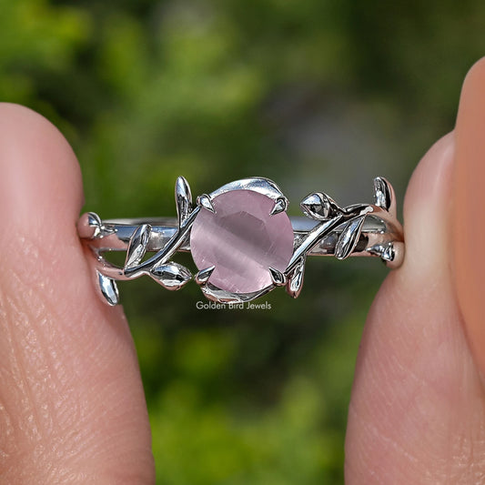Rose Quartz Round Gemstone Leaf Style Ring