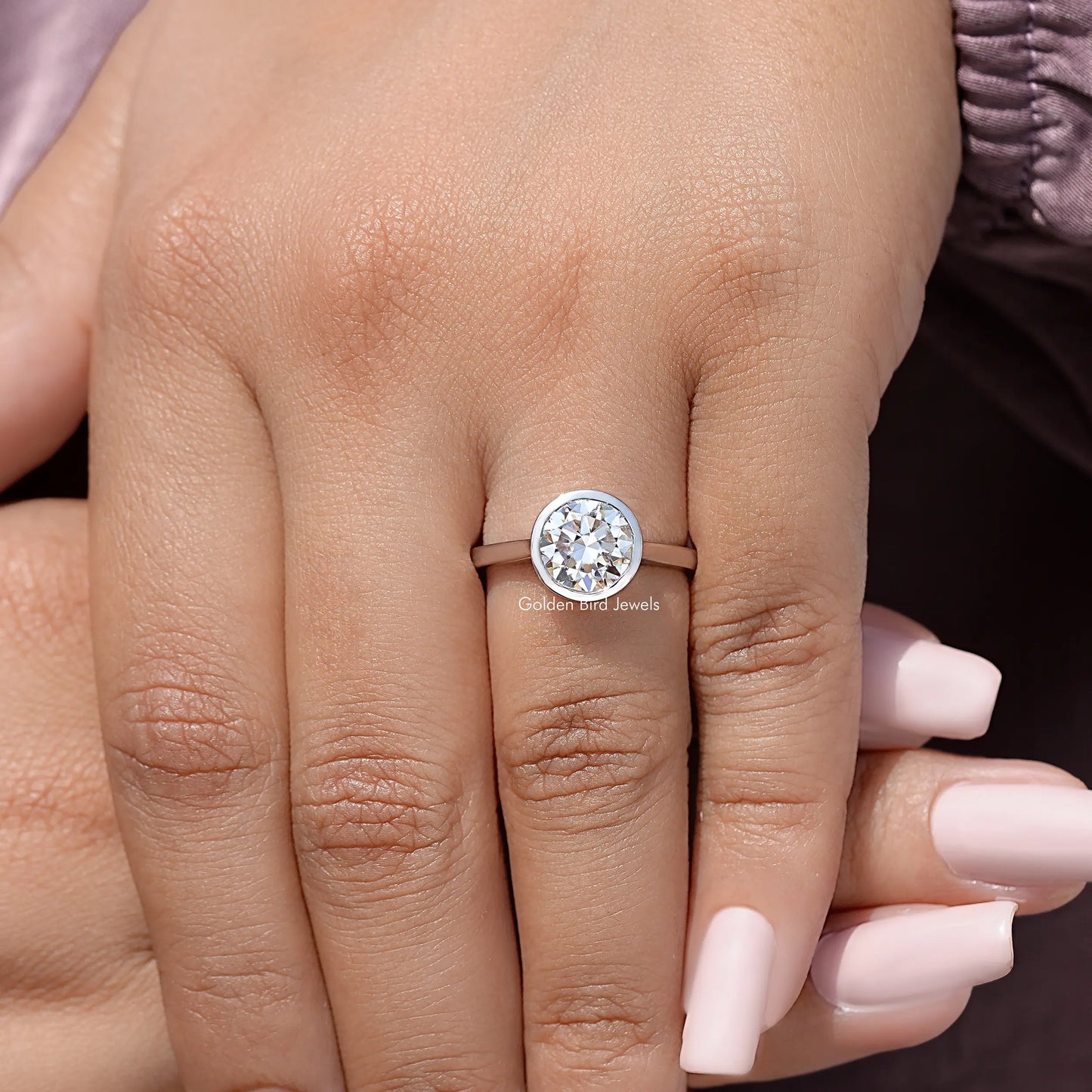 Old European Round Cut Moissanite Bezel Set Wedding Ring
