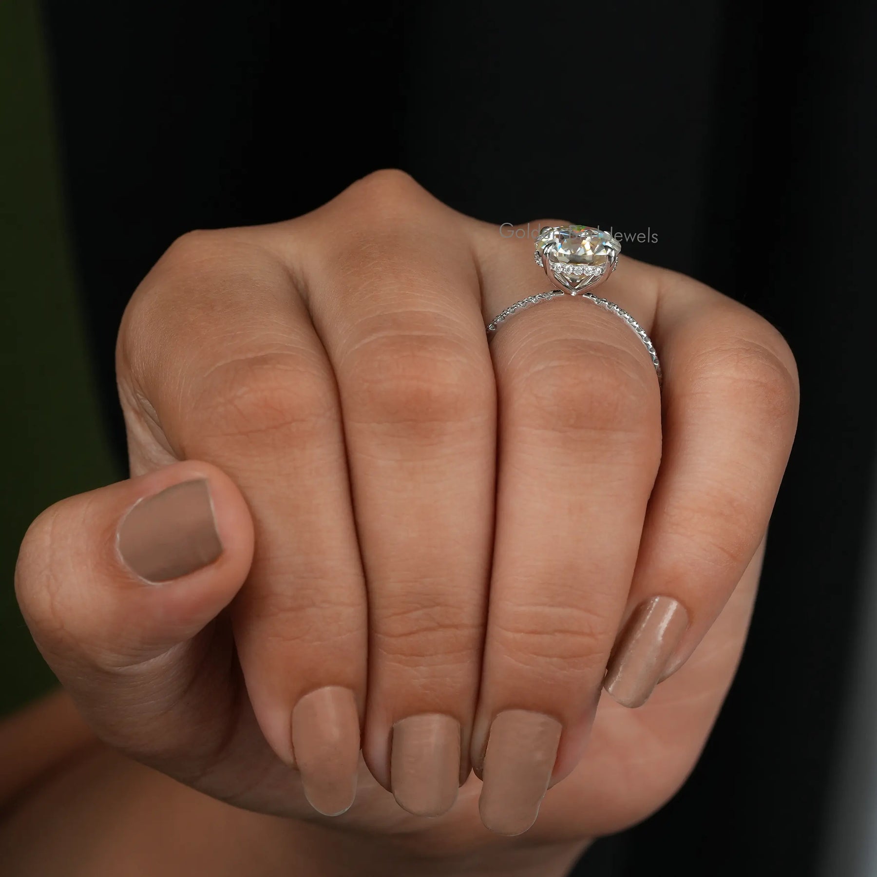 Side View of Round Cut Moissanite Hidden Halo Ring In finger