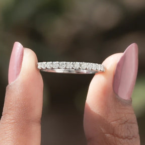 Front View of Round Cut Diamond Gemstone Half Eternity Wedding Band In two Fingers