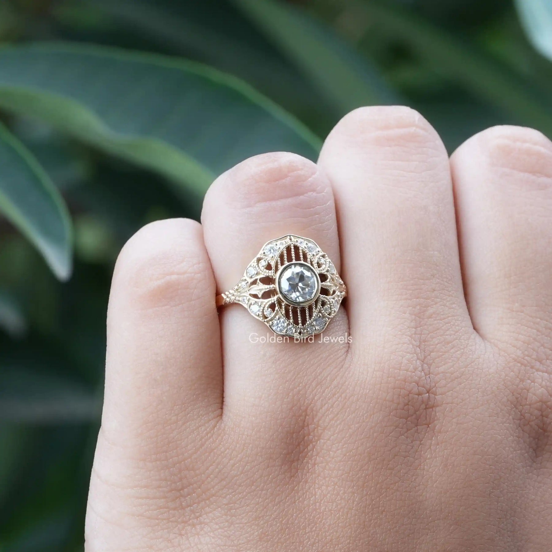 Detailed View of Moissanite OEC Round Cut Vintage Ring In Yellow Gold