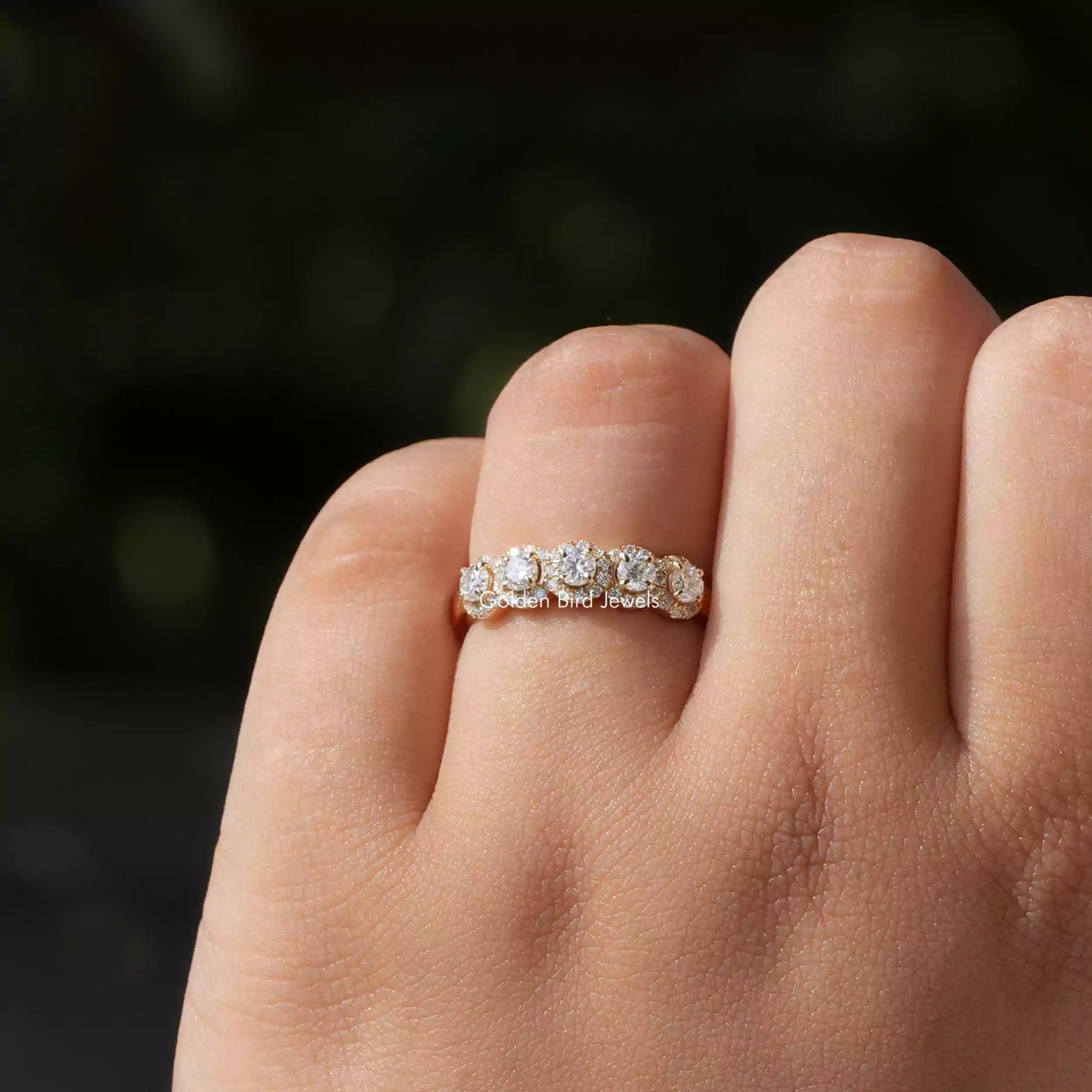 Detailed View Of Moissanite Half Eternity Wedding Band In Yellow Gold