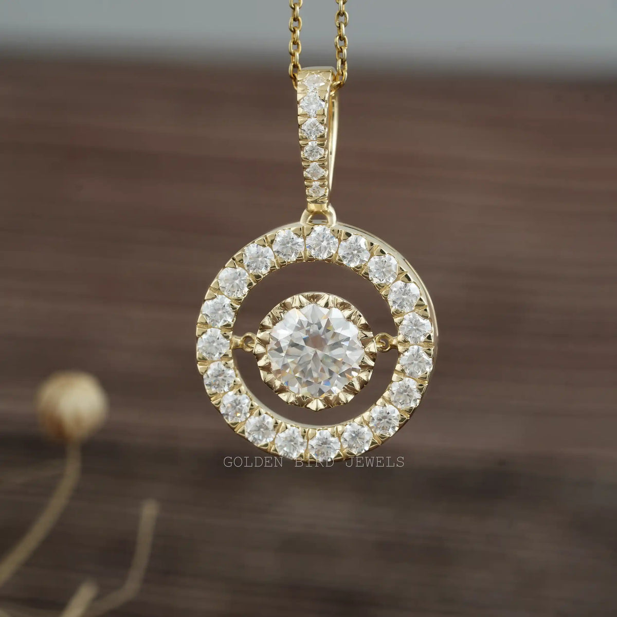 View of Round cut moissanite solitaire pendant 