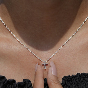 Detailed View of Round Cut Lab Diamond Cross Pendant In White Gold