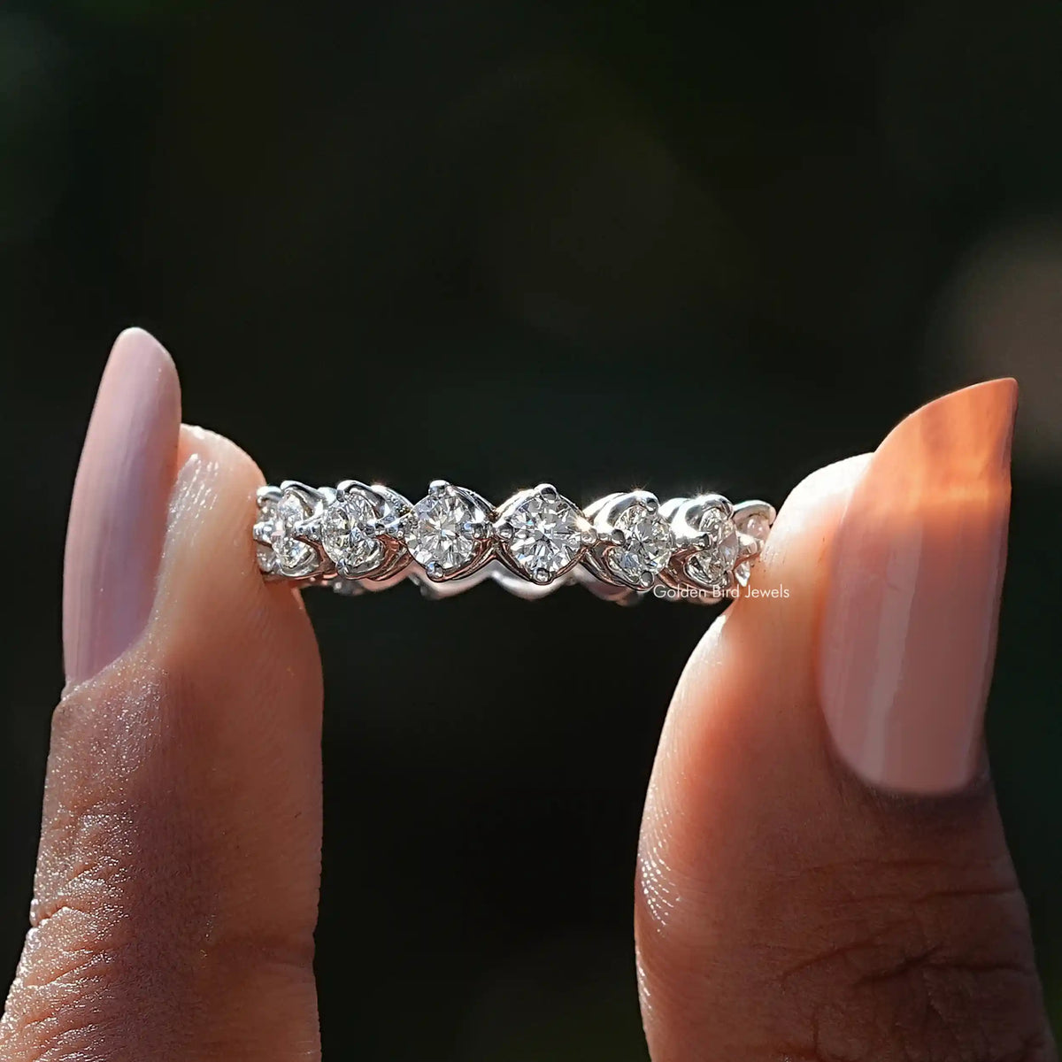 Front View of Round Cut Diamond Eternity Wedding Band In two Fingers
