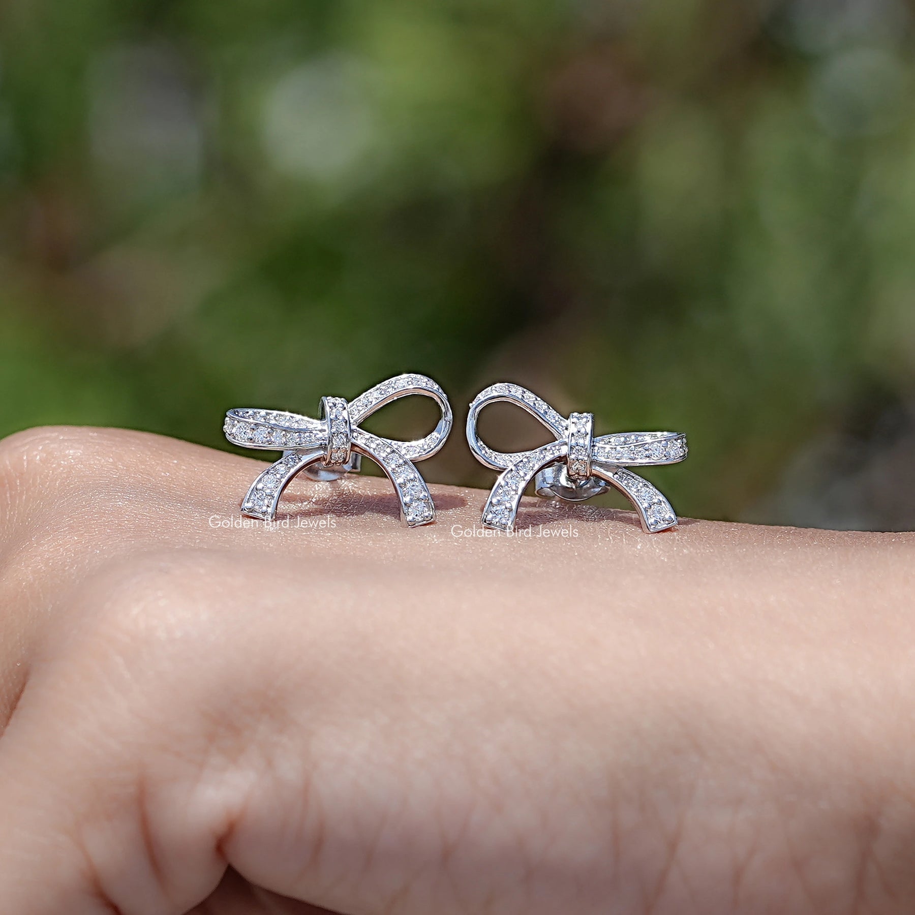 Round Cut Lab Diamond Ribbon Bow Stud Earrings