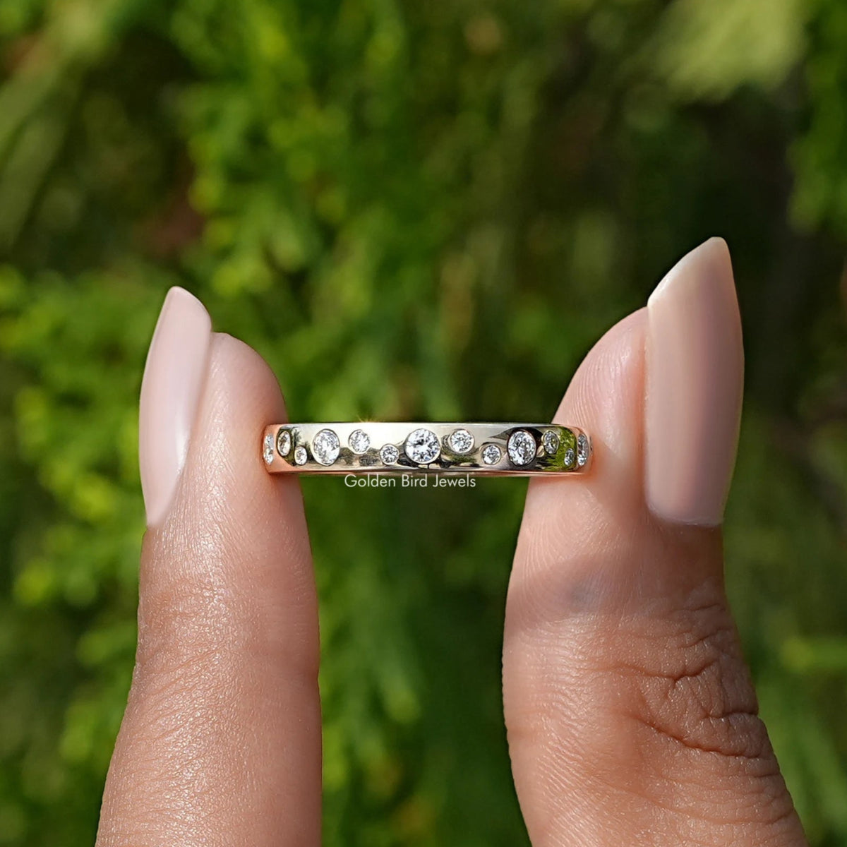 Front View of Round Cut Diamond Flush Set Eternity Band In two Fingers