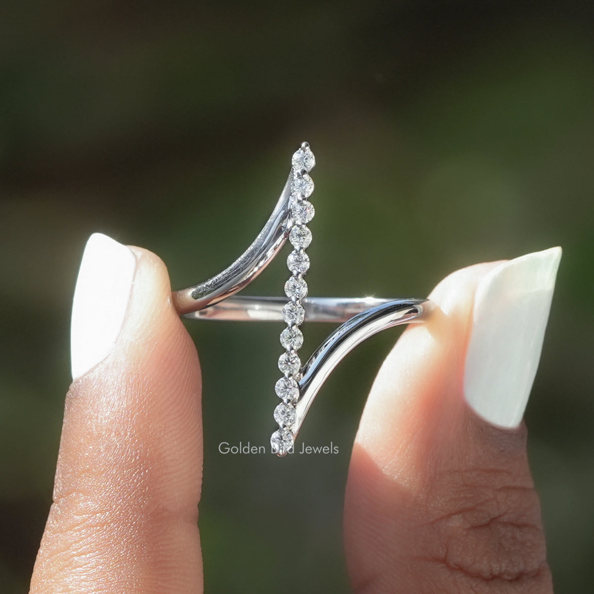 Front View of Round Cut Lab Diamond Vertical Bar Bypass Ring In two Fingers