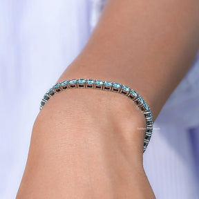 Side View Of Blue Round Cut Moissanite Tennis Bracelet