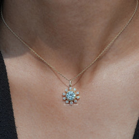 View of round cut moissanite solitaire pendant 