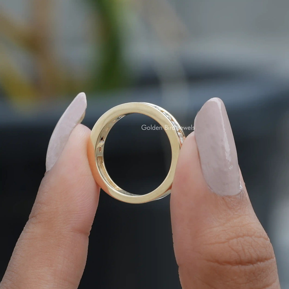 [In two finger side view of round cut moissanite half eternity channel setting band]-[Golden Bird Jewels]