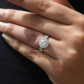 Detailed View Of Round Cut Moissanite Halo Engagement Ring In White Gold