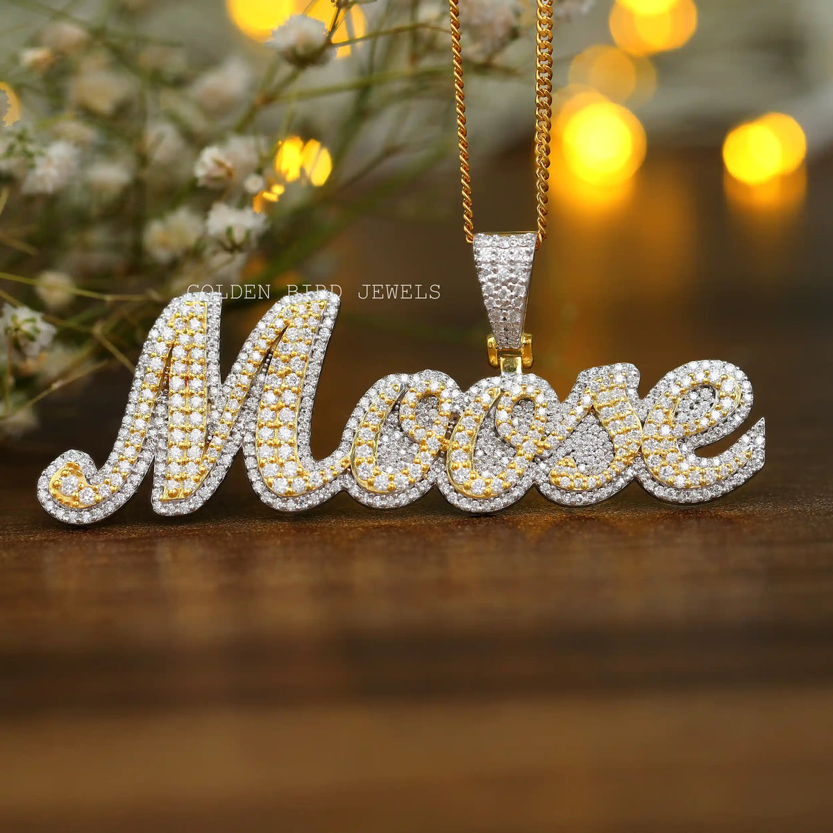 Front view of round cut moissanite customized letter pendant