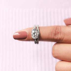 In finger front View of Round Cut Bridal Ring Set In White Gold