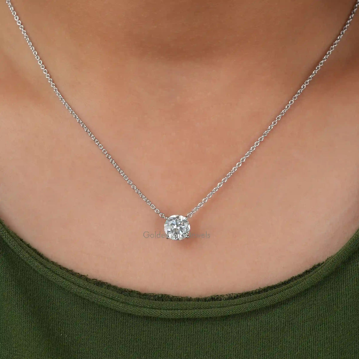 In neck view of Round cut customize moissanite halo pendant 