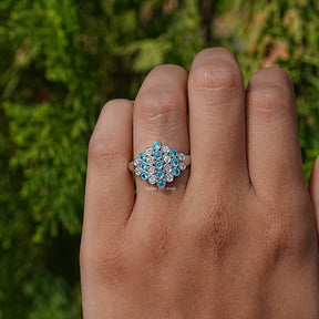 View of solitaire Paraiba lab diamond ring in prongs setting 