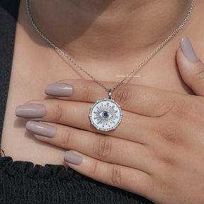 Round Sapphire Gemstone Evil Eye Halo Pendant