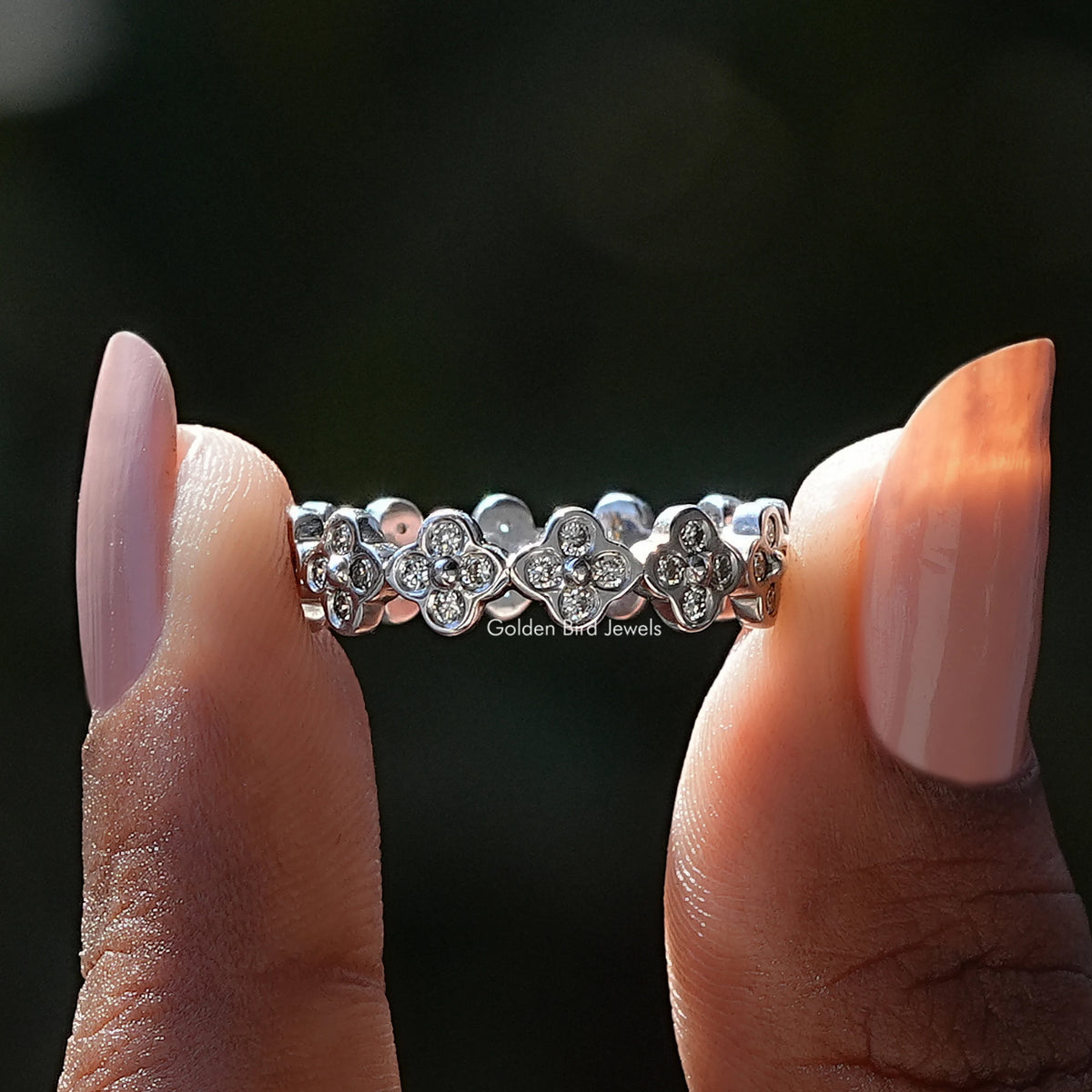 Front View of Round Cut Diamond Clover Wedding Band In two Fingers