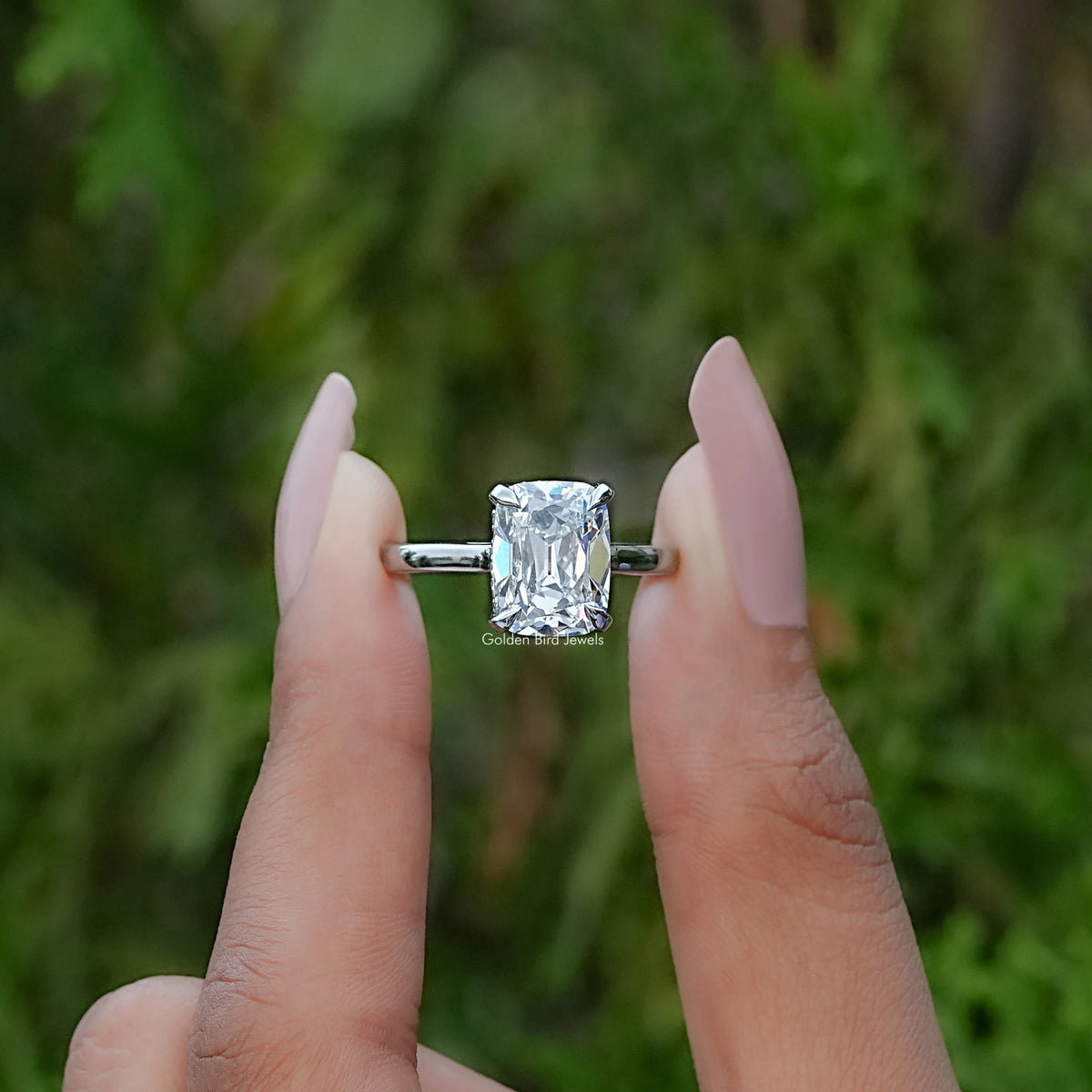 Front View of Round Cut Diamond Hidden Halo Diamond Ring In two Fingers