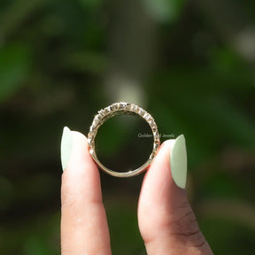 Back View of Round Cut Moissanite Cluster Wedding Ring In two fingers