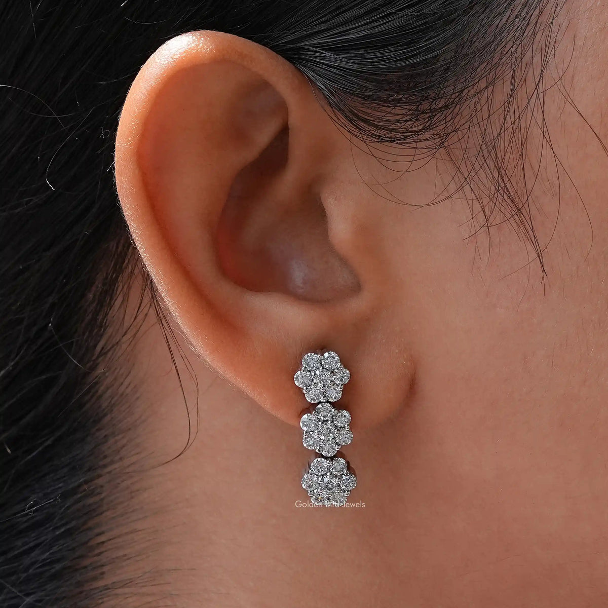 In Ear view of round Cut moissanite Stud Earrings