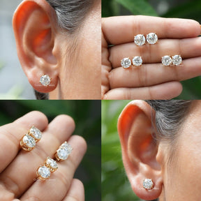 4 image view of stud moissanite earrings in round shape 
