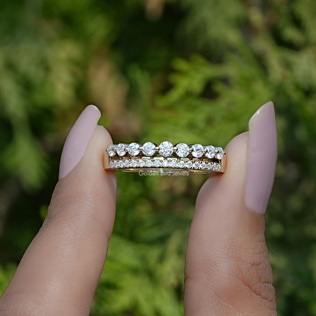 Round Moissanite Two Row Half Eternity Matching Band