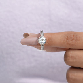 In finger front View of Round Old European Cut Moissanite Ring