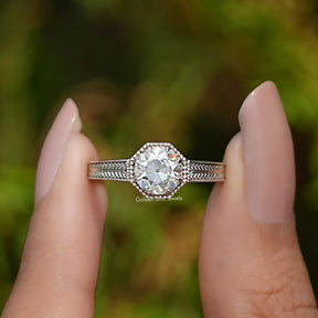 Front View of Old European Round Cut Moissanite Solitaire Ring In two Fingers