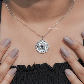 Round Sapphire Gemstone Evil Eye Halo Pendant