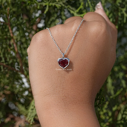 Red Ruby Heart Cut Gemstone Solitaire Necklace