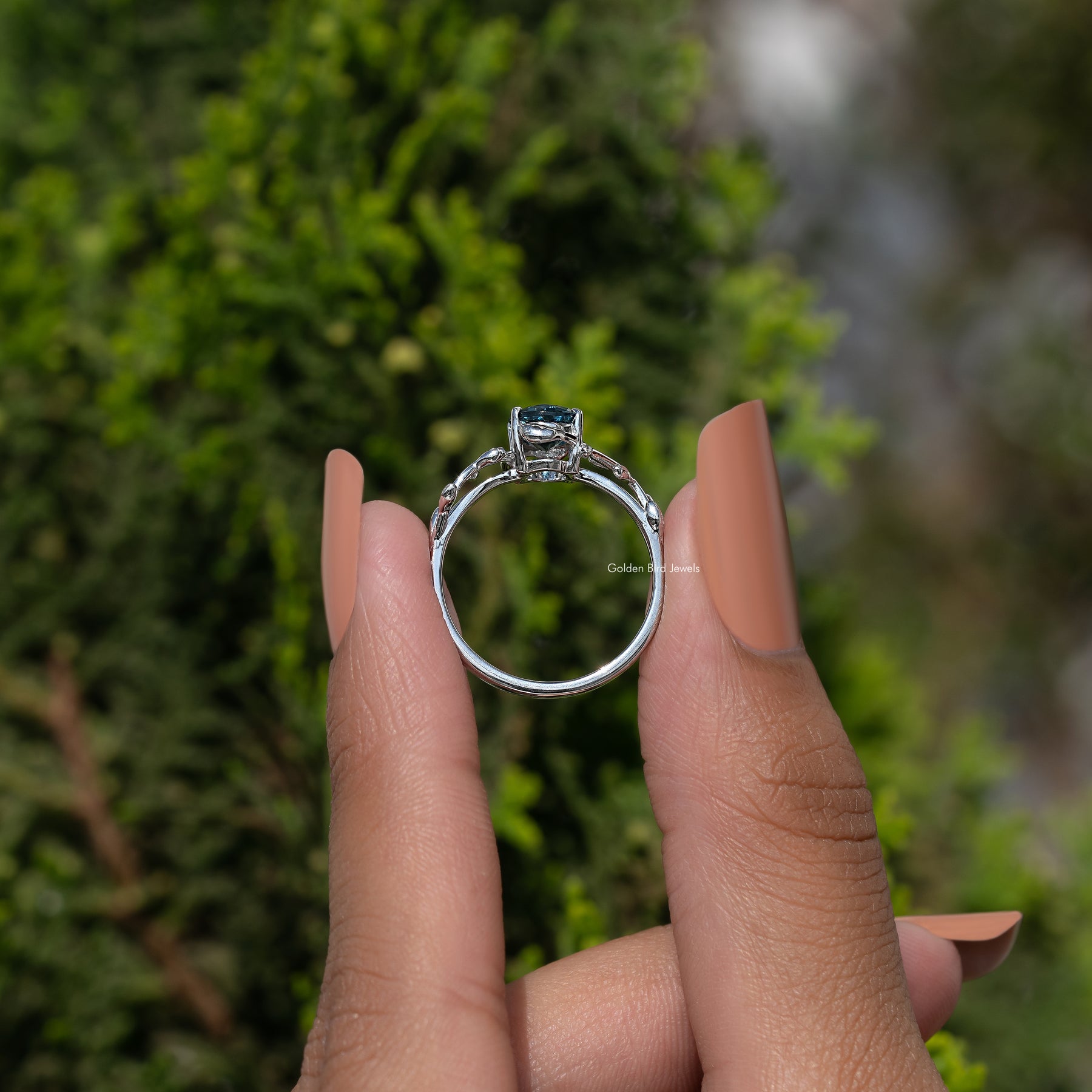 Sapphire Blue Oval Gemstone Leaf Style Ring