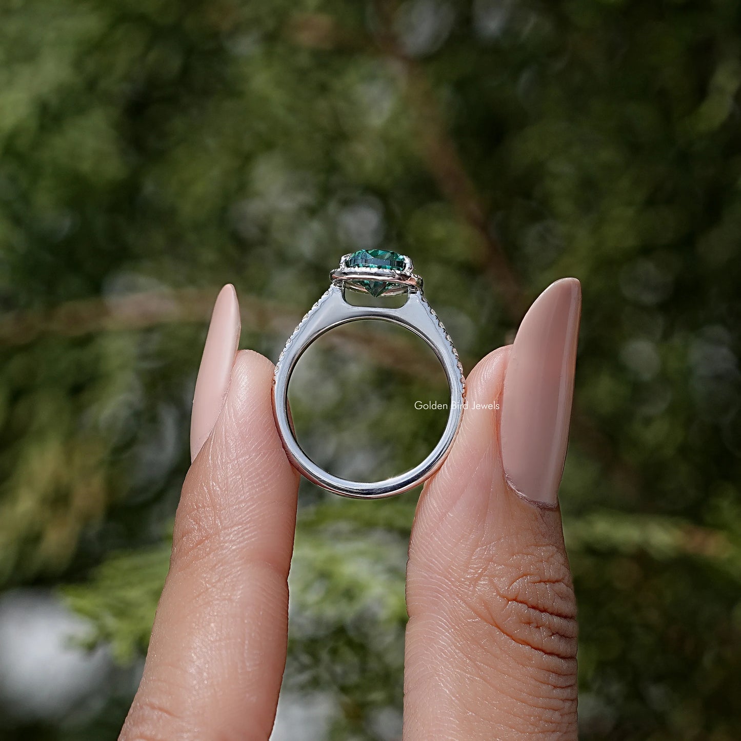 Pear Cut Moissanite Gemstone Accent Halo Ring
