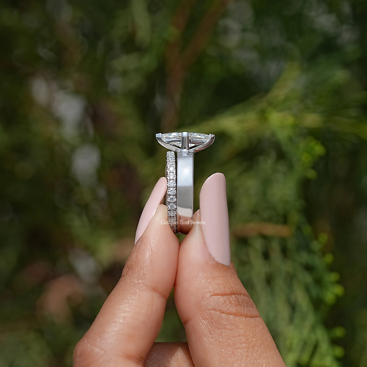 Lozenge Cut Moissanite Solitaire Diamond Bridal Set Ring