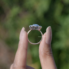 In Finger view of Old Mine Cushion cut engagement ring 