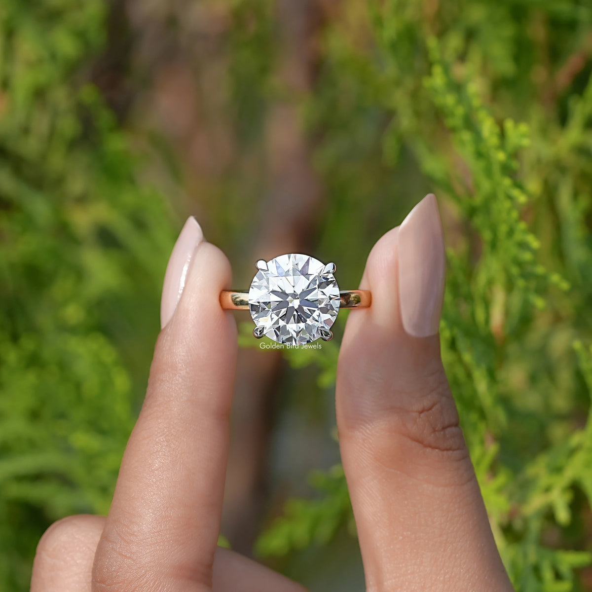 Front View of Round Cut Lab Grown Diamond Solitaire Ring In two Fingers