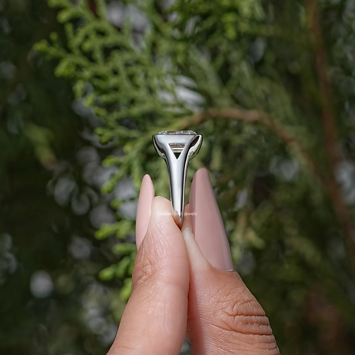 Emerald Cut Moissanite Bezel Set Engagement Ring