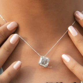 Detailed view of moissanite asscher shape pendant