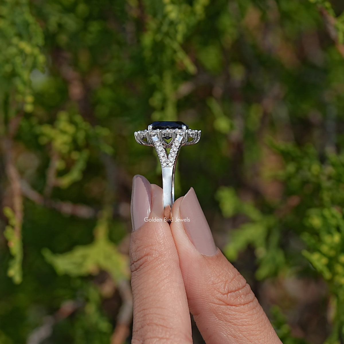 Split Shank Oval Sapphire Gemstone Halo Ring