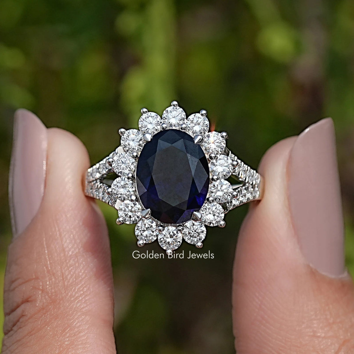 Split Shank Oval Sapphire Gemstone Halo Ring
