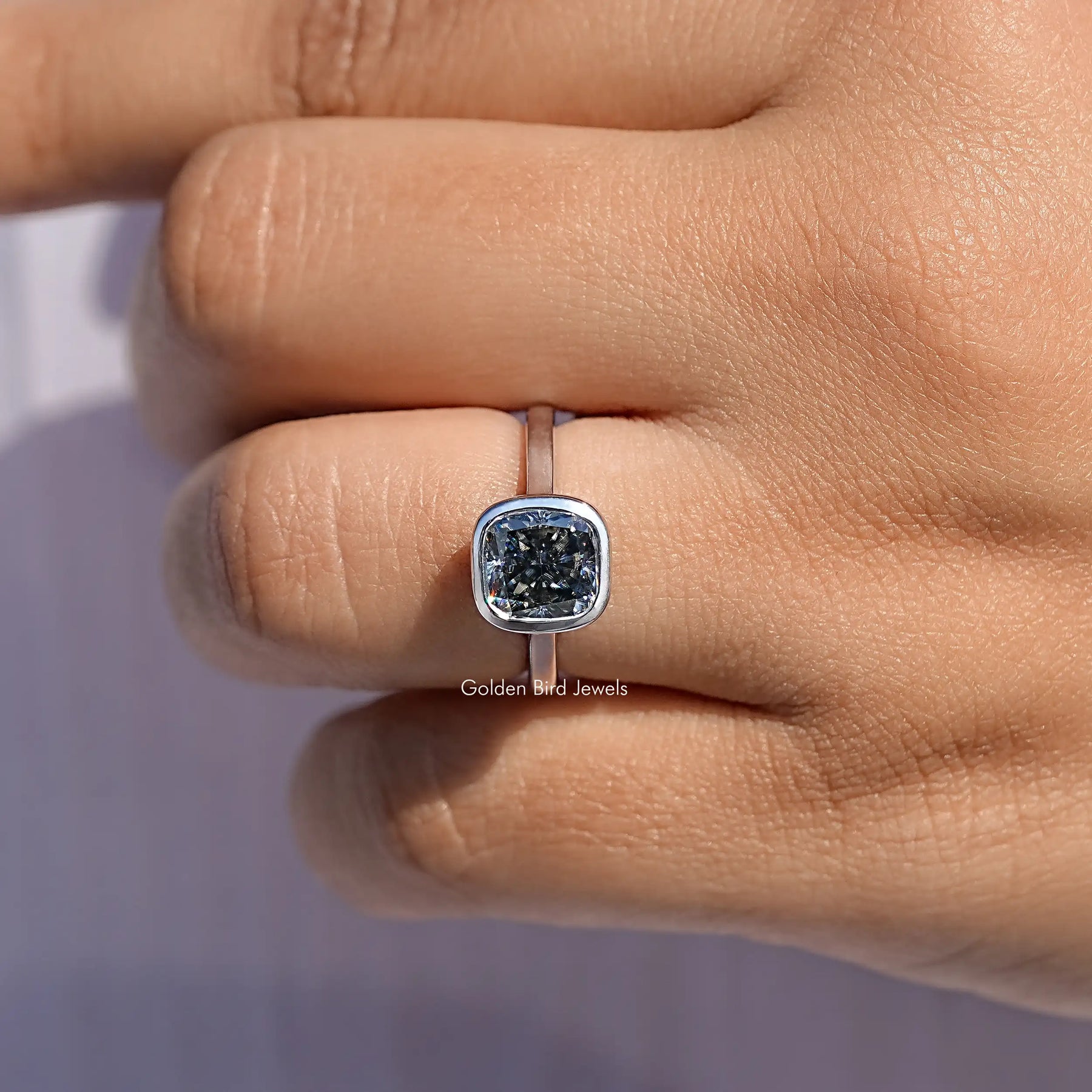 Bezel Set Square Cushion Moissanite Solitaire Ring